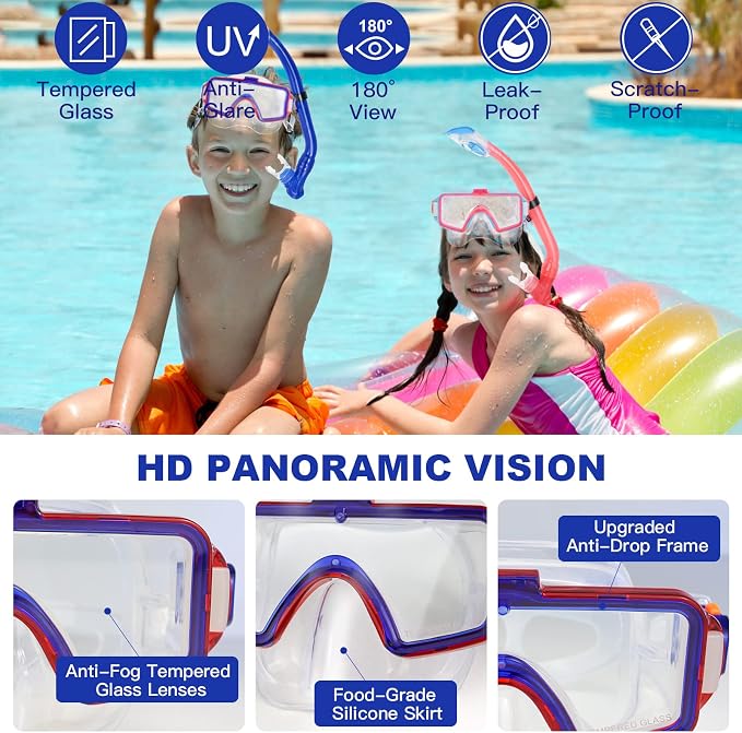 Kids Snorkeling Set - Adjustable Flippers + Panoramic Snorkel Mask + Dry Snorkel Tube + Travel Bags - Suitable for Kids & Juniors, Age 5-14