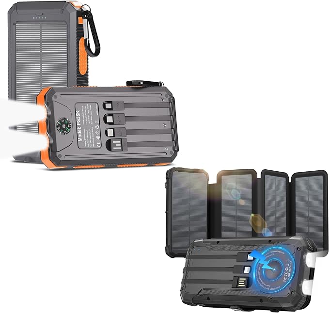 Power Bank 2 Pack, Portable Wireless Charger +Solar Battery Pack with 4 Built-in Cables & 4 Foldable Panels for Outdoor Camping