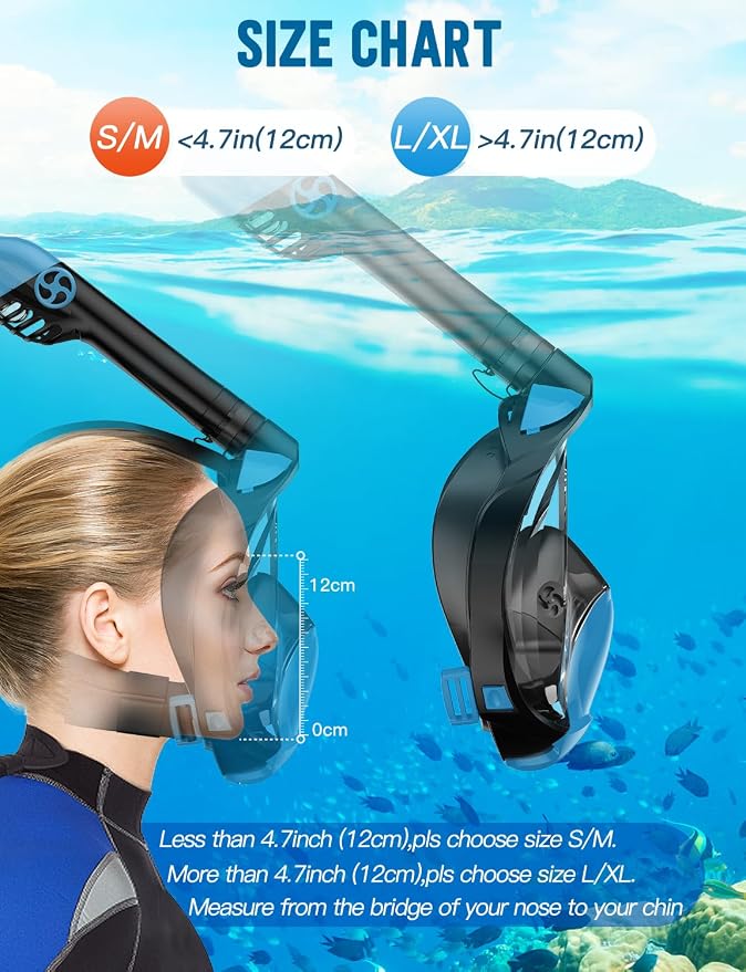 Full Face Snorkel Mask for Adults, 180° Panoramic Anti-Fog Snorkeling Gear with Dry Top System & Camera Mount, Foldable Anti-Leak Design for Travel, Swimming & Ocean Snorkeling