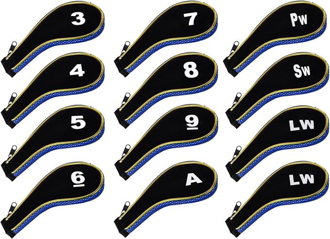 Andux Gold Golf Iron Club Head Covers No. on Both Sides Long Neck with Zipper 12pcs/Set