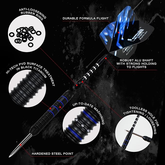 Formula Sports 90% Tungsten Steel Tip Darts Set - Professional Steel Tip Darts Set with Flights, Shafts and Sharpener, Available in 21g/22g/23g/24g