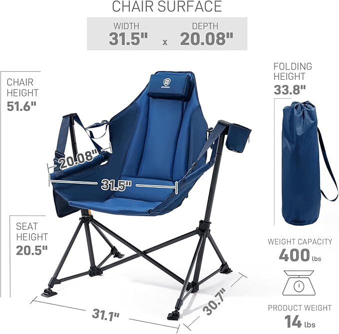 EVER ADVANCED Hammock Camping Chair, Oversized Heavy Duty Swing Chair with Detachable Cup Holder, Portable Folding Rocking Camping Chair, Support Up to 400lbs, Blue