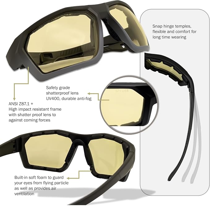 ANSI Z87.1+ Safety Sunglasses, Impact Resistant with EVA Foam, Anti-Fog Windproof for MTB, Cycling, Shooting, Work