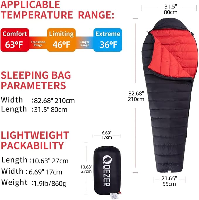 0 Degree Sleeping Bag for Adults 650 Fill Power Down Sleeping Bag for Cold Weather -20F / -8F / 0F / 10F Large Lightweight