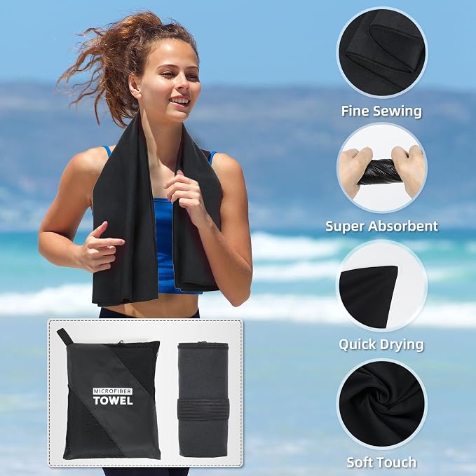 4 Pack Quick Dry Microfiber Towels for Body S L XL Camping Towel Fast Drying Compact for Sea Beach Swimming Yoga Hiking Pack Travel Bathroom Towel(Black)