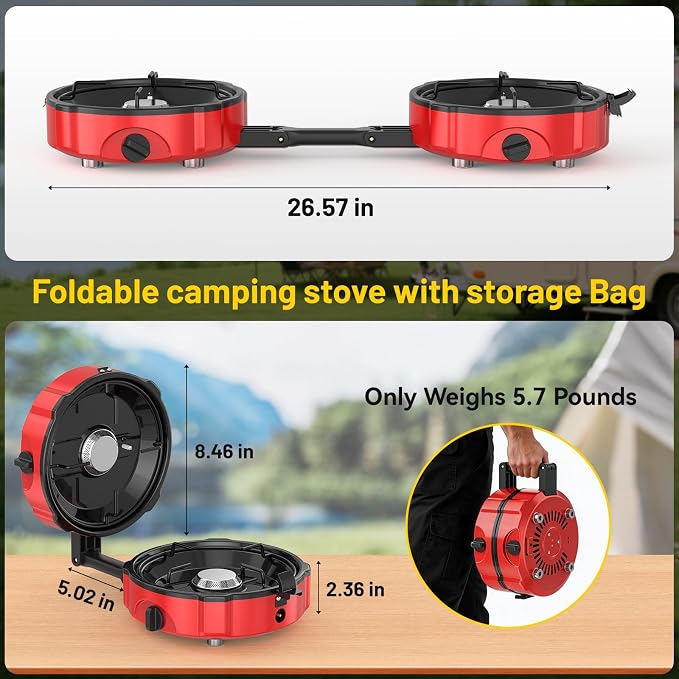 2 Burner Propane Camping Stove, 20000 BTU Foldable Portable Camp Stove with Piezo Ignition & Adjustable Burners, Outdoor Gas Cooker with Carry Bag for Camping, RV, Tailgating & Emergency Use