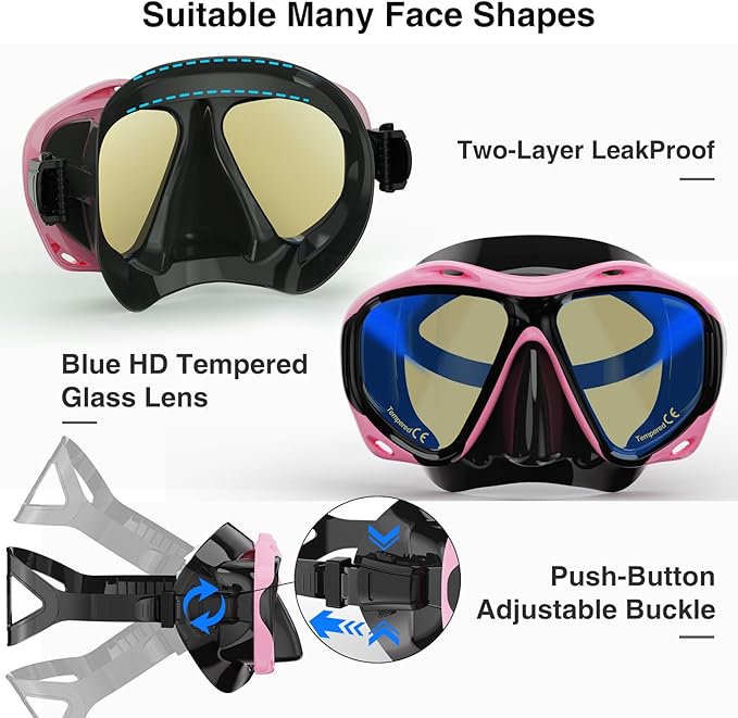 Snorkeling Gear for Adults, Snorkel Mask With Mirrored Tempered Glass Lens 180° Wide View Anti-Fog Scuba Diving Mask, Professional Snorkel Set for Swimming Diving, Gifts for Women Mom Men Dad