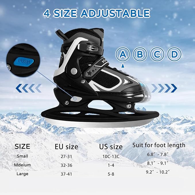 MammyGol Adjustable Ice Skates for Kids Youth Tean Hockey Lace-Up Boys or Girls Ice Skate for Beginner Age 4-12 Blue Black Teal Green
