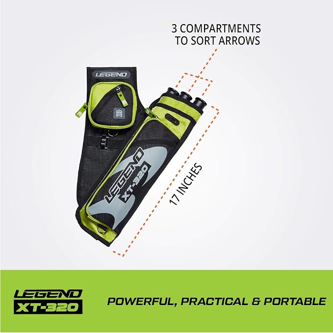 LEGEND XT320 Archery Quivers - Nylon Hip Quivers with 3 Arrow Tube Cases for Target Shooting - Adjustable Waist Belt, T-Slot, Storage Compartments for Accessories, Gear, Tools, Release Tab, Score Card