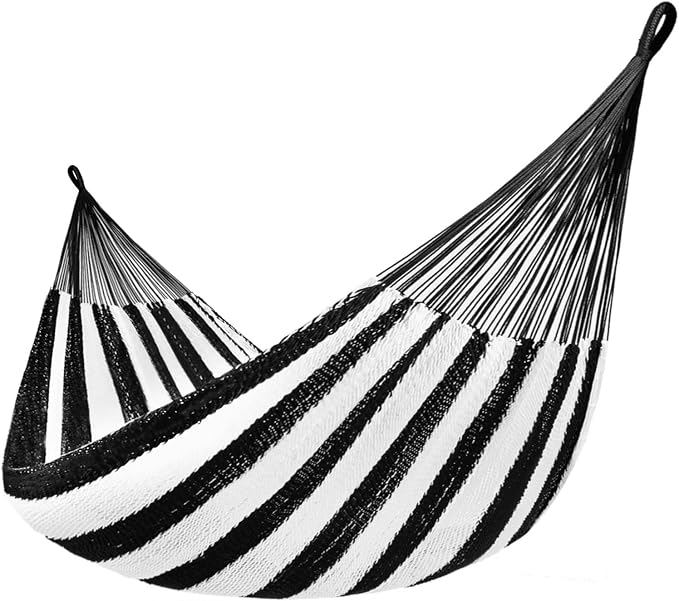 Lazy Daze Hammocks Handwoven XL Mayan Hammock, 10.5 FT Soft Rope Double Hammocks, Portable Outdoor Hammock with Carry Bag, 2 Straps & Carabiners for Patio Outside, 550 lbs Weight Capacity, Black/White