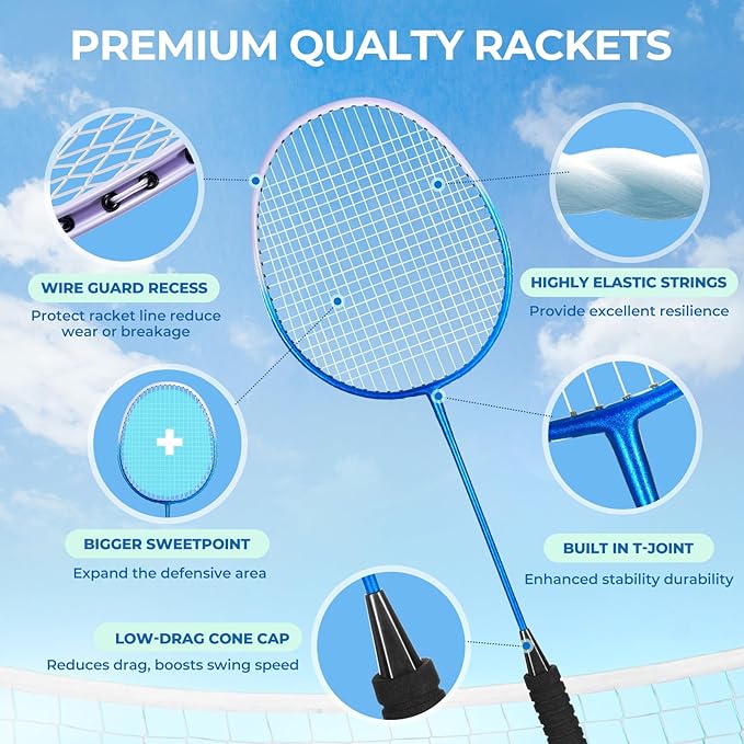 HIRALIY Badminton Rackets Set for Backyards, Badminton Set, Includ 2/4 Rackets, 6/12 Birdies, 1 Carrying Bag, Outdoor Game for Adult Family Beginner
