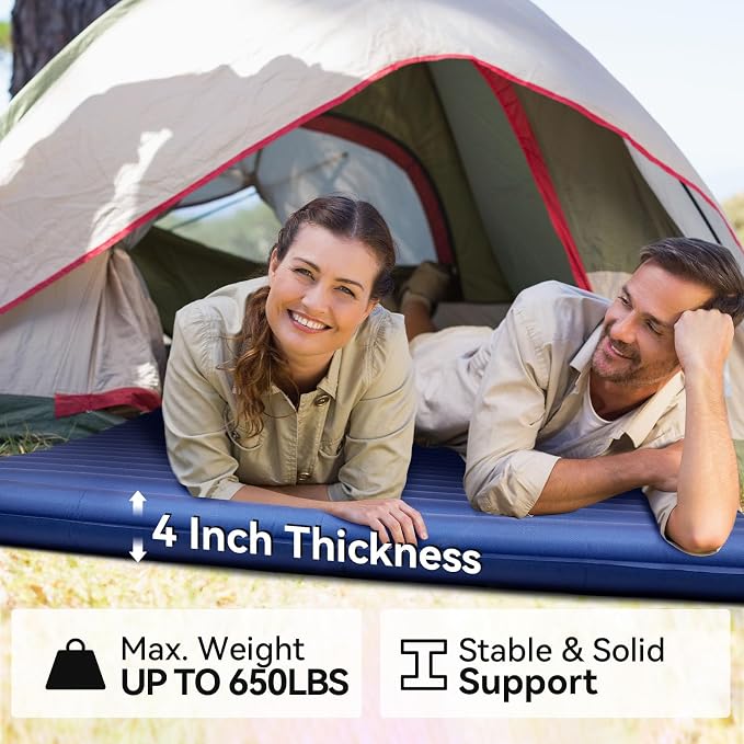 Hikenture Double Sleeping Pad for Camping, Ultralight 4" Extra-Thick Camping Mattress 2 Person, Inflatable Backpacking Sleeping Mat, Hiking Air Mattress for Tent (Navy Footpump 79x47.5in)