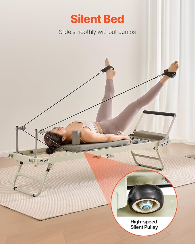 VEVOR Pilates Reformer Foldable, Suitable for Intermediate and Beginners Users, Pilates Equipment for Home Gym Studio Use with 4 Adjustable Resistance Spring, Up to 400 LBS