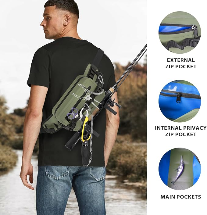 THKFISH Waterproof Fishing Waist Pack with Fishing Rod Holder, Airtight Zipper Closure, Lightweight Sling Fishing Waist Bag for Fly Fishing