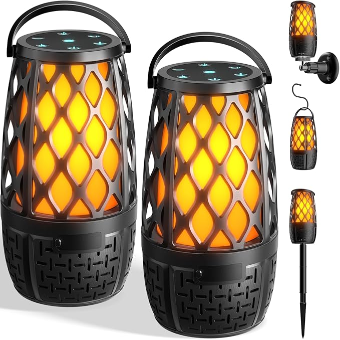 KANAD Outdoor Speakers Bluetooth with Flame Lights, IP65 Waterproof, HD Stereo Sound 100 Speaker Connection Sync - Gifts for Men, Dad