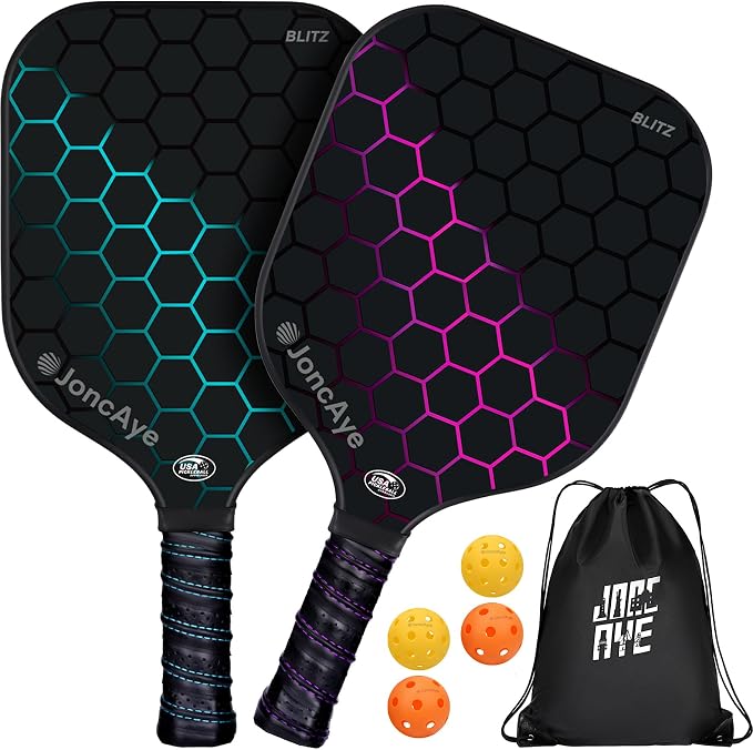 JoncAye Pickleball Paddles Set of 4 or 2, USAPA Approved Fiberglass Rackets with Outdoor Indoor Balls, Bag, Overgrip, Lightweight for Family, Professional Equipment for Beginners Intermediate