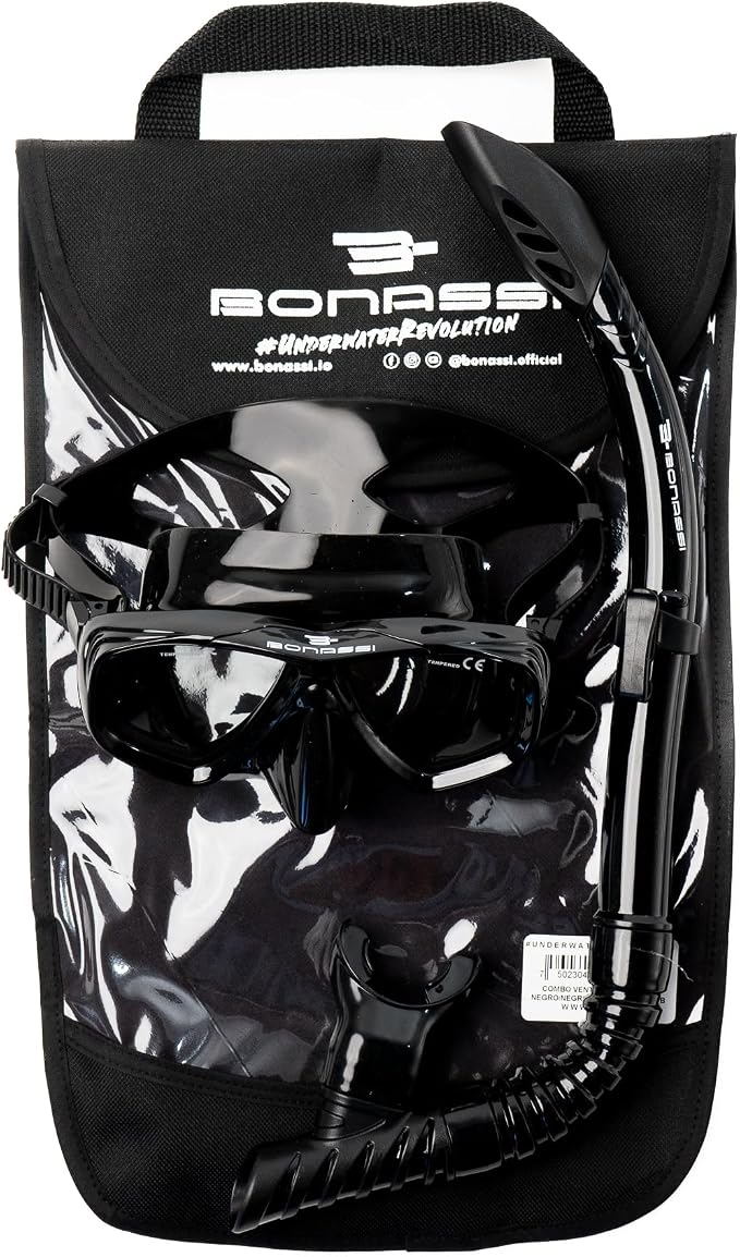 Bonassi Silicon Venture Pro Snorkel Combo with Reusable Bag - Anti-Fog Silicon Soft Mask, Snorkel with Purge Valve, Semi-Dry Top and Silicon Mouthpiece - Perfect for Diving and Snorkeling