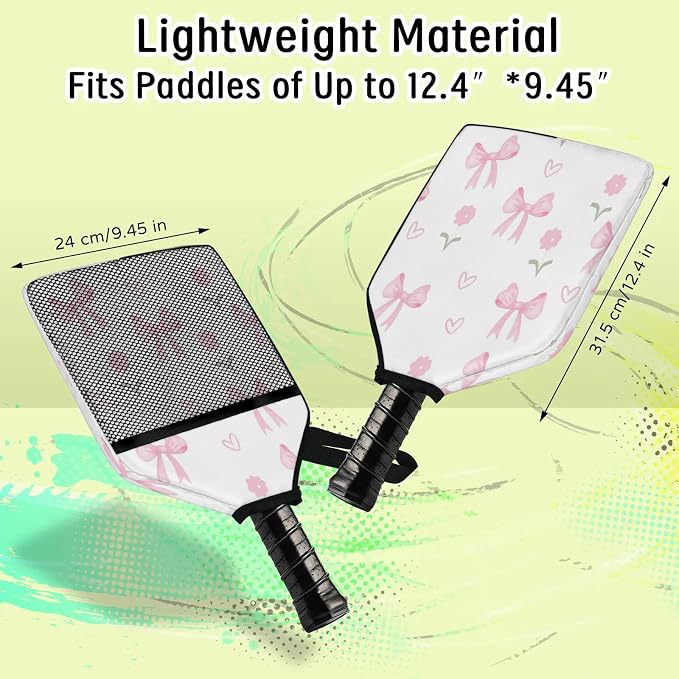 Flowers Bows Pickleball Paddle Cover Racket Sleeve Bag with Handle Strap Mesh Pocket 12.4 × 9.45 Inch Universal Fit for USAPA Standard Paddles for Outdoor Travel 2 PCS