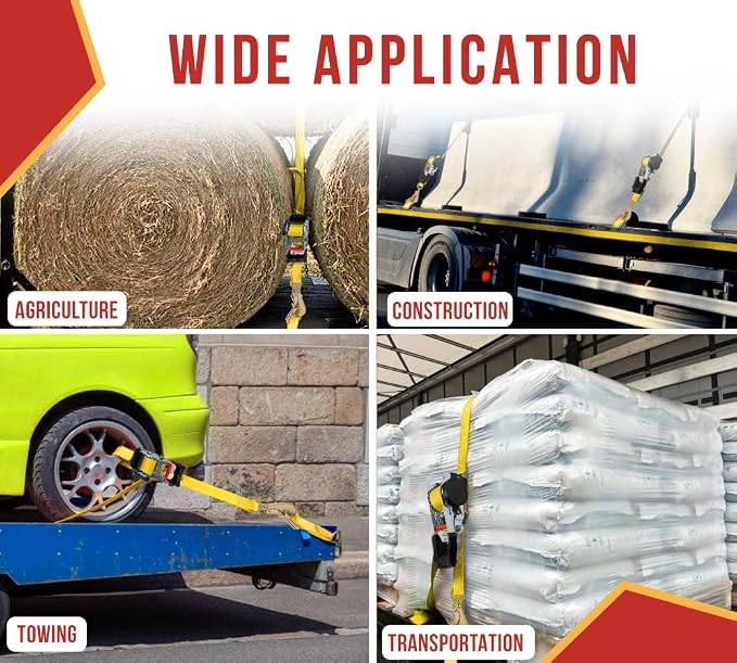 Mytee Products 4Pack 1''x12' Retractable Ratchet Straps Kit w/Snap Hook, Axle Straps w/Delta Ring, Protective Sleeve, Storage Bag - Self Ratcheting Tie Down Strap w/500 lbs WLL for Boat, Jet Ski, ATV