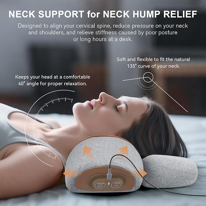 Neck Massager Pillow with Heat- Neck & Shoulder Support with Vibration & Airbag Traction for Pain Relief Deep Tissue, Cervical Hump Corrector Massage Pillow 3D Ergonomic