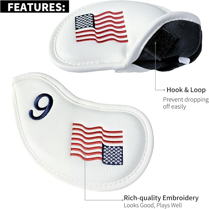Patriotism US Flag Golf Iron Covers Premium Leather Iron Head Covers Set Headcover 4 5 6 7 8 9 PW SW AW LW Wedge Iron Club Covers fits for Most Brands