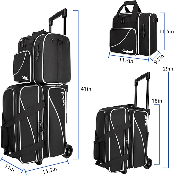 Goloni 3 Ball Bowling Bag with Wheels, 2+1 Double Roller Bowling Bag with Shoe Compartment,Tote Bag for Bowling Accessories