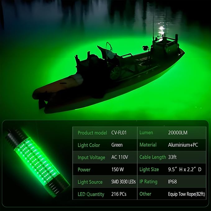 150W 20000LM Green Underwater Fishing Light,Submersible LED Light with Tow Rope for Dock Boat Shore Night Fishing,Fresh & Salt Water Fish Attractor Light 33ft Cable