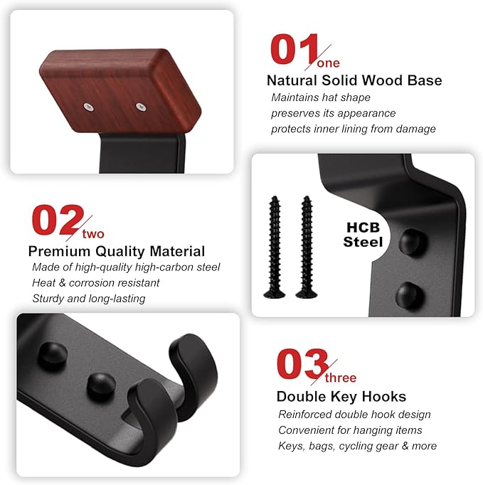 Motorcycle Helmet Holder Wall Mount - Heavy Duty Helmet Hanger Rack with 2 Key Hooks, Solid Wood & Strong Steel Design for Bike, Football, Skiing Sports Gear, Jackets & Hats (6)