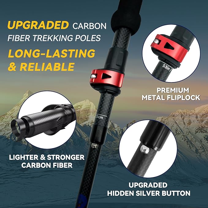 Carbon Fiber Trekking Poles 2-Pack - Lightweight Collapsible Hiking Sticks with Cork Grip & Quick-Lock System, Portable Walking Poles for Travel & Backpacking, Suitable for Men, Women and Seniors