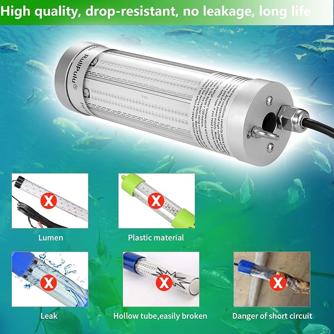 300W 36000lm Underwater Fishing Light, IP68 Waterproof Aluminum Super Bright Night Fish Attracting Submersible LED Lamp Lure Bait Finder for Freshwater Saltwater Sea Kayak Ice Dock (Blue)