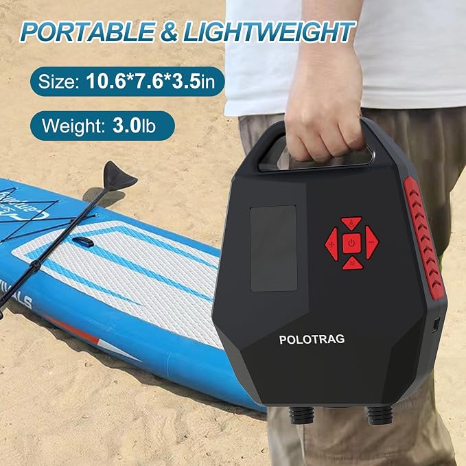 Polotrag Paddle Board Pump, SUP Pump Electric Portable with Auto-Off/Deflation, Dual Stage 12V DC Car Connector Air Pump for Inflatables, Kayak and Air Mattress