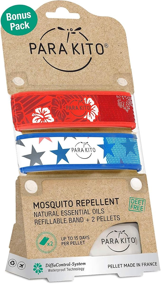 PARA'KITO Mosquito Repellent Bracelets + Refill Pellets Bundle, Mosquito Bracelets, Peppermint Oil, DEET Free Mosquito Repeller, Hiking Accessories, 2 Wristbands & 2 Refills (Hawaii + Stars)