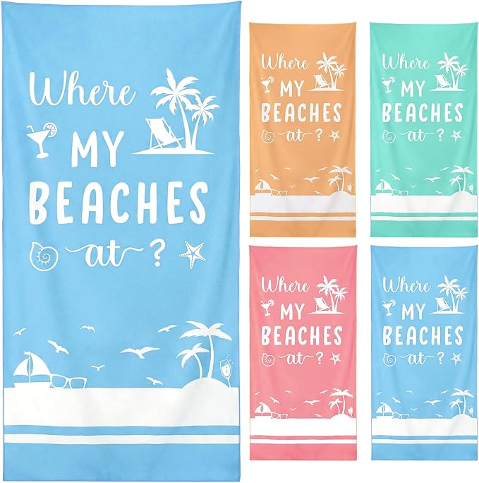 Patelai 4 Pcs Where My Beaches at Towels Girls Trip Gifts Lightweight Microfiber Oversized 35 x 70 Inches Towels Quick Dry Colorful Easy Pack for Swimming Pool Camping Women Adult Vacation
