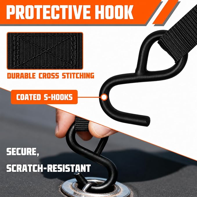 8PK Ratchet Tie Down Straps 1" x 10ft, 300lbs Load Capacity, 900lbs Break Strength, Durable for Moving Appliances, Lawn Equipment, Motorcycles, Cargo Trucks, Trailers & More (Black)
