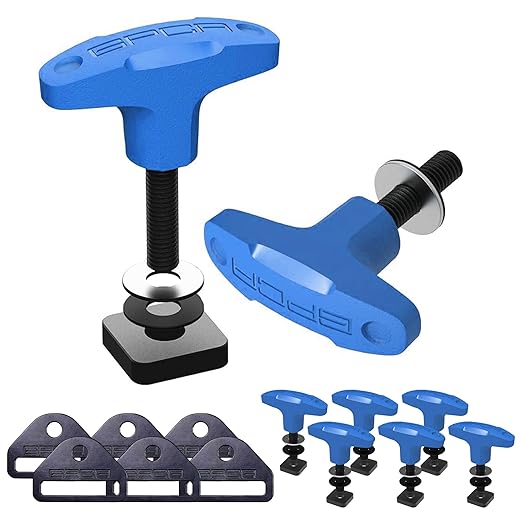 GPCA – Quick Release Tie Down Anchor/T-Handle M8 25mm Screw & D-Plate Set for Ford Bronco Hard Top Removal, Truck Bed Tie Down Anchors, Jeep Accessories, Cargo Tie Down Hooks w/nut 6 Pack (Blue)