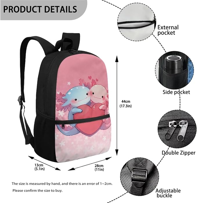 Axolotl Backpack for Girls School Bag and Lunch Box Set Pencil Case Water Bottle Holder 4 PCS School Bag Set 17 Inch Kindergarten Bookbag Back to School Supplies