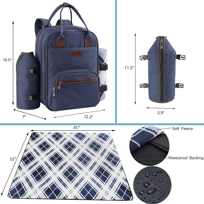 ALLCAMP OUTDOOR GEAR Picnic Backpack for 2 Person Set W/Detachable Bottle/Wine Holder, Fleece Blanket, Plates and Cutlery Set (Blue)