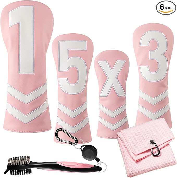 Liliful 6 Pcs Pink Golf Club Covers Set for Women, Pink V-Stripe Driver Fairway Wood Hybrid Headcovers, with Golf Towel Brush, Soft PU Leather, High Elastic Fit for Woman Ladies Gifts