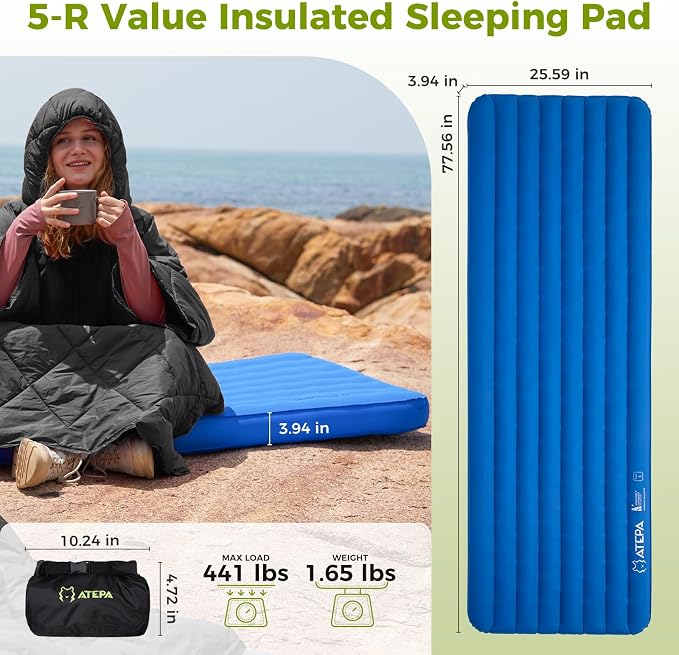 ATEPA ThermAir Pro 5 R-Value Insulated Sleeping Pad, Ultralight 4-Season Backpacking Air Mattress, 4” Thick Quiet Camping Sleeping Mat with Pump Sack, Wide Long 77”x25”