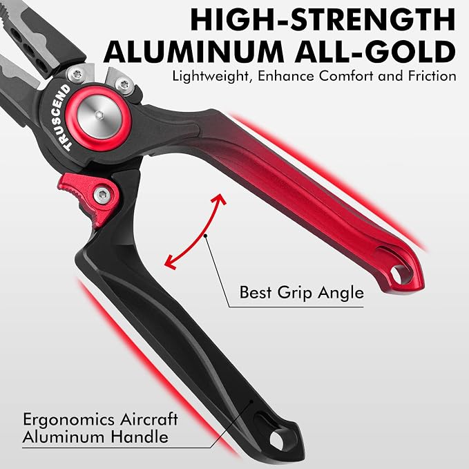 TRUSCEND Easy Use Lockable Fishing Pliers with Tungsten Carbide Cutter, Innovative Ergonomic Handy Handle, Saltwater Corrosion Resistant Teflon Coated Fishing Tool, Light Multi-Function Fishing Gear