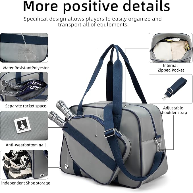 ROYALFAIR Pickleball Tote Bag for Women Men Large Capacity with Paddle Cover Pocket Internal Shoe Pocket and Adjustable Shoulder strap