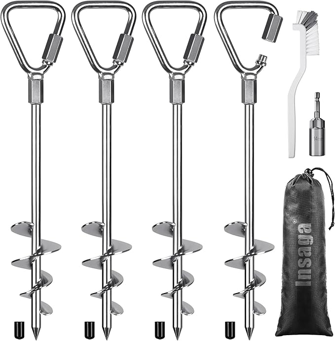 Insaga 17" Heavy Duty Ground Anchors Screw in - 4 Pack Chrome Plated with Reinforced Triangle Bracket for Trampoline, Swing Set, Shed, Mobile Home, Carport - High Wind Resistance for All Soil Types