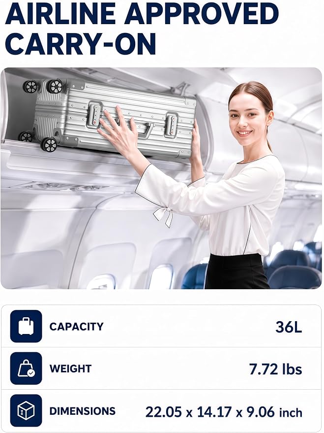 20 Inch Carry On Suitcase with TSA Lock, Zipperless Aluminum Frame Luggage, Lightweight Hardshell Rolling Suitcase with Wheels for Business Travel, Silver