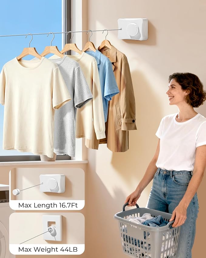 Retractable Clothesline 16.7 ft – Heavy-Duty 44 lb, Rust-Proof Stainless Steel, Wall-Mounted Indoor/Outdoor Laundry Line, Easy Install for Bathroom, Balcony & Apartment (White, Single Line)
