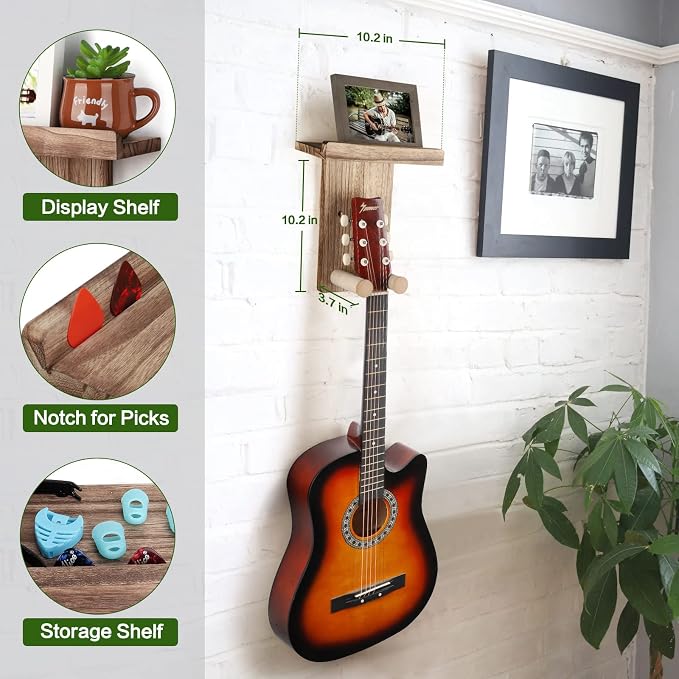 Keebofly 2 Pack Guitar Hanger Wall Shelf with Pick Holder Wood Rack for Acoustic, Electric, Ukulele, Bass, Mandolin - Brown (Patented)