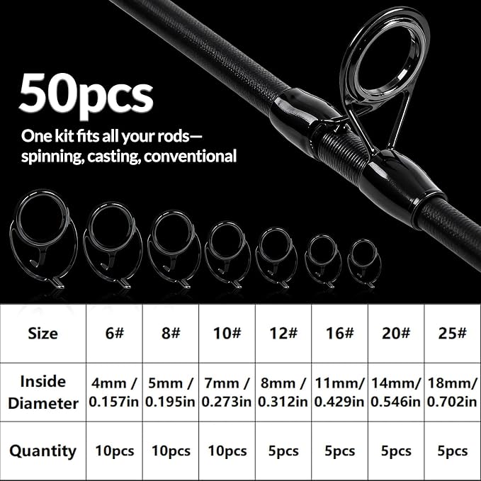 9KM DWLIFE Fishing Rod Repair Kit (50/100/120Pcs), Fishing Rod Guides with Zirconia Inserts, Spinning & Casting Rod Eyelets Replacement, Fishing Pole Repair Parts for Saltwater Freshwater
