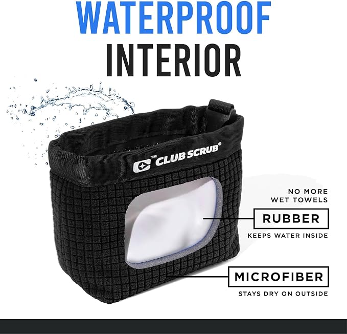 Club Scrub Golf Club and Golf Ball Cleaning Bag, Waterproof Clean Face Technology Liner, Detachable Clip, Machine Washable, Cleans Club Grooves, Dry Exterior (Neoprene or Microfiber Option Available)