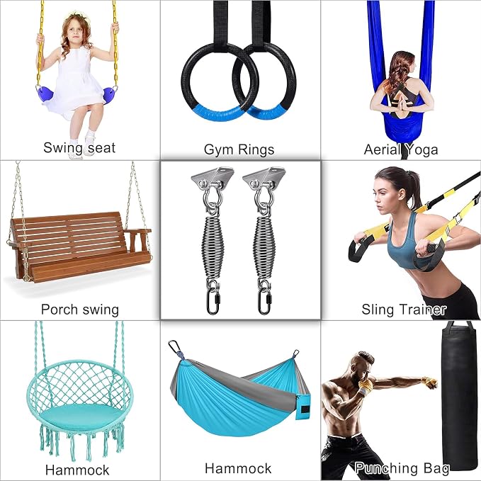 SELEWARE Porch Swing Hanging Kit, Stainless Steel Swing Hangers with Spring, Heavy Duty Ceiling Mount Swing Hooks for Indoor Outdoor Porch Swing, Hammock, Swing Chair, Sandbags, 2 Pack