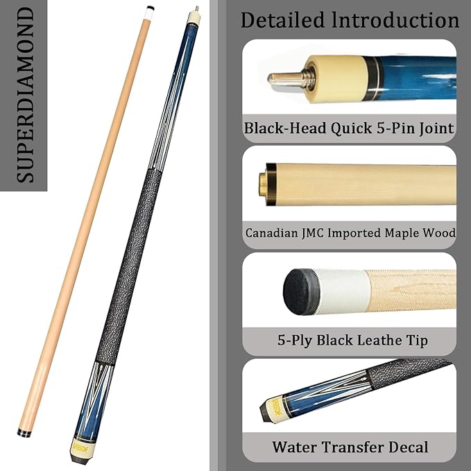 SUPERDIAMOND Pool Cue Stick Set Billiard Cue Sticks with Hard Case, 2-Pieces 58" Pool Table Sticks, 12.5 mm Tip Pool Queue,Pool Stick Set for Home Recreation, Billiards Clubs, Training