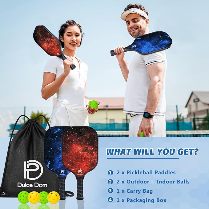 Dulce DOM Pickleball Paddles Set of 2/4 - USAPA Approved, 4 Indoor Outdoor Pickleball Balls, Fiberglass Surface Paddle Racket with Cover Bag, Ideal Training Equipment Gift for Men & Women